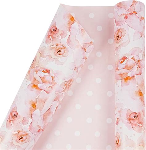 Amazon.com: Reversible Pink Floral Wrapping Paper Roll, Rose Flower ...