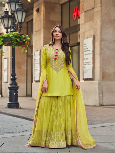 Lime Green Embroidered Premium Silk Sharara Suit – Anant Tex Exports ...