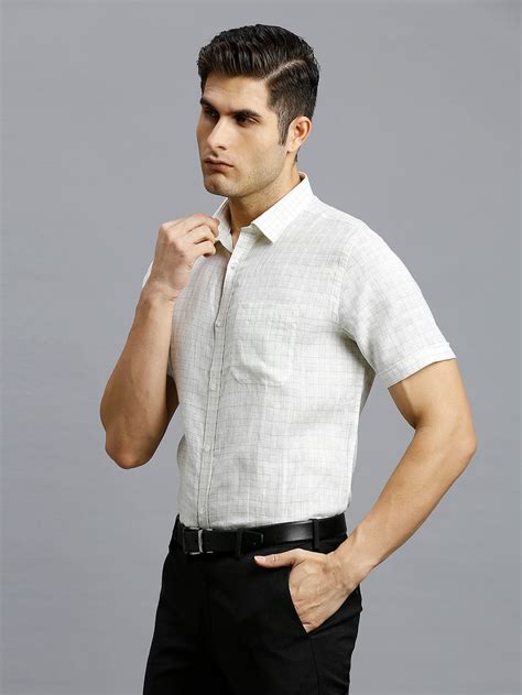 Men's Linen Checks Regular Fit Half Sleeve Formal Shirt - White & Gree