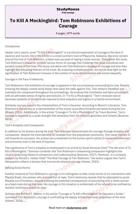 To Kill A Mockingbird: Tom Robinsons Exhibitions of Courage Free Essay Example