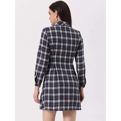 Women's Plaid Long Sleeves A-line Button Up Casual Shirt Dress