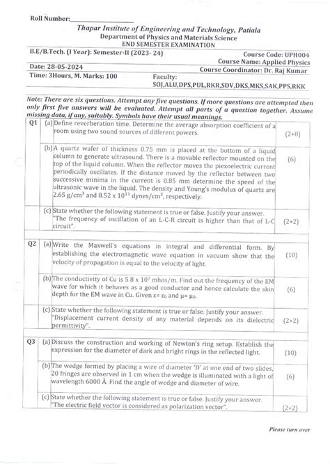 UPH004 - Applied Physics End Semester Exam Questions and Guidelines ...