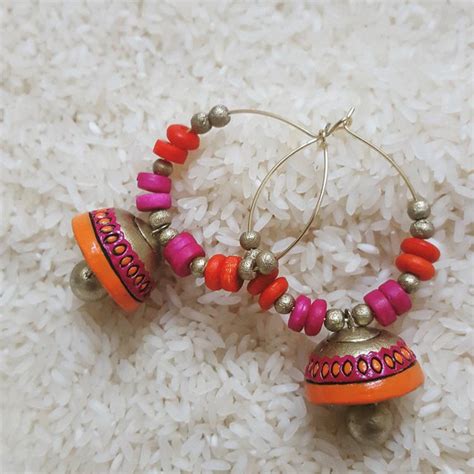 Pink and Orange Bali Jhumkas – Shika Creations