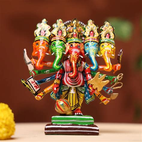 Buy Lacquer Wooden Handpainted Panchmukhi Lord Ganesha Idol – Ethnic ...