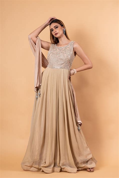 Mocha Brown Embroidered Gown in Georgette with Net Dupatta – Anvi Couture