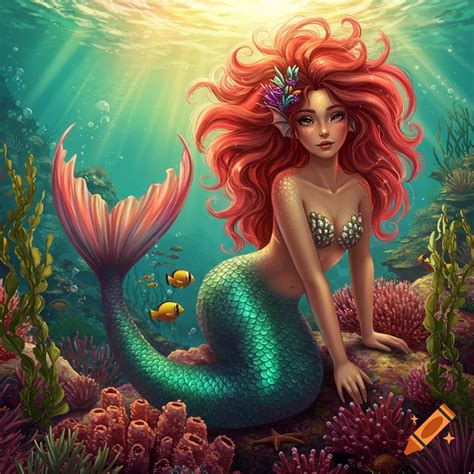 Two mermaids sit on rocks by clear water in a lush, fantastical ...