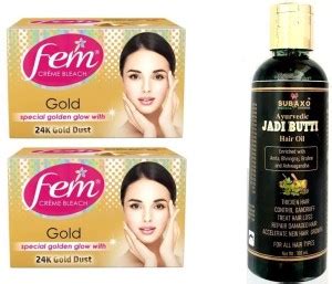 Fem CREME BLEACH GOLD 2 PC EACH 40 GM AND JADI BUTTI HAIR OIL 100 ML ...