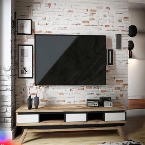 Modern Pearl White And Wood TV Unit Design With Open Wooden Storage Units