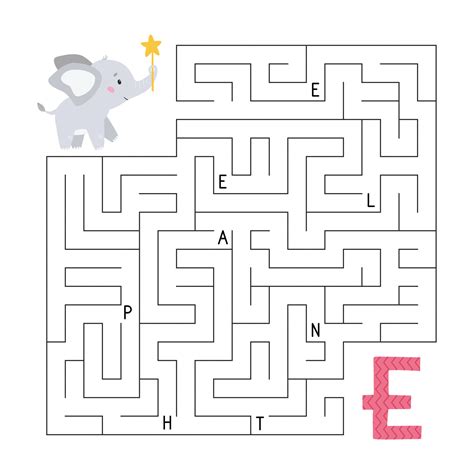 ABC maze game. Educational puzzle for kids. Labyrinth with letters. Help elephant find right way ...