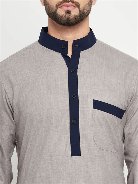 Nabia Grey Solid Thobe/Jubba For Men with Blue Piping Design