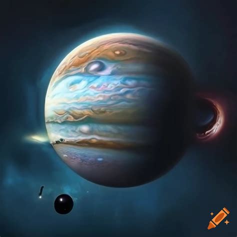 Illustration of jupiter merging with a black hole