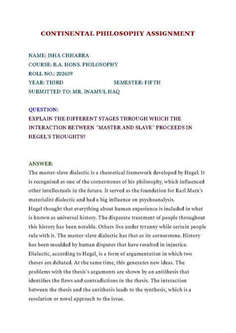Continental Philosophy Assignment (B. Hons. Philosophy): Hegel's Master ...