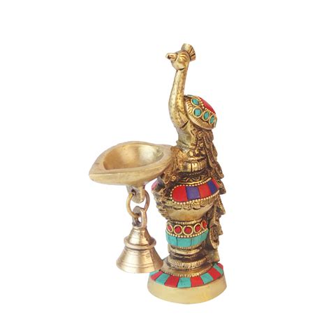 Kartique Brass Peacock Diya with Bell in Multicolor Stone Work : Amazon ...