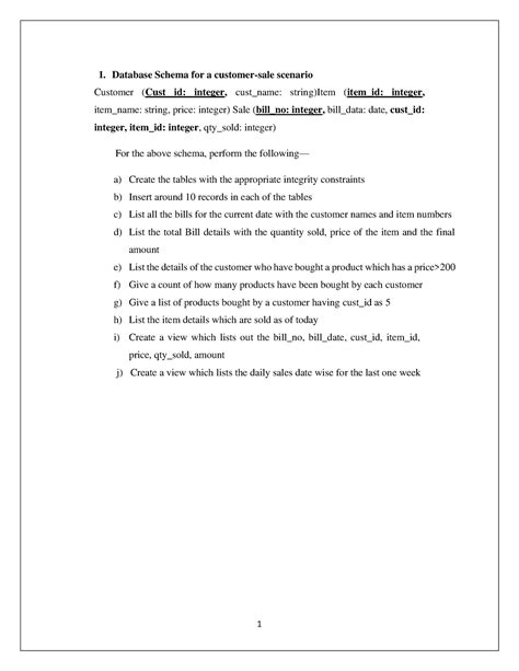 Dbms manual - 1. Database Schema for a customer-sale scenario Customer ...