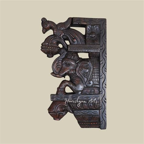 15" Handcrafted Wooden Wall Brackets with Upraised Elephants and Stand