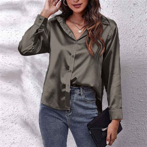 Sevevn Women Casual Solid Color Fashionable Satin Long Sleeved Lapel ...