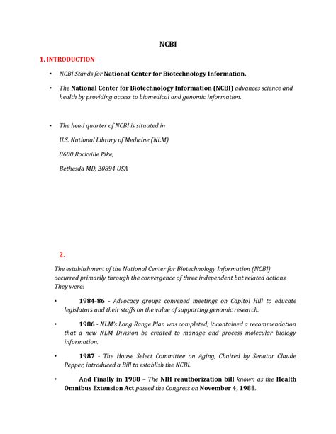 NCBI - NCBI 1. INTRODUCTION NCBI Stands for National Center for ...