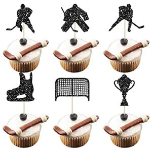 24Pcs Hockey Cupcake Toppers Black Glitter Hockey Players Cupcake Picks ...