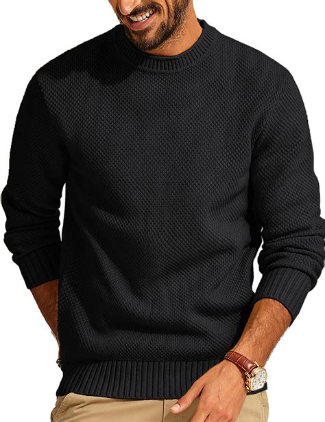 Mens Waffle Knit Sweater Long Sleeve Crew Neck Heavy Pullovers for ...
