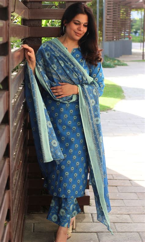 Cotton Block Print English Blue Suit Set with Printed Cotton Dupatta ...