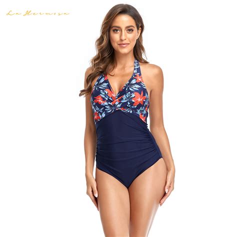 Girl Lace up Backless Bikini Flower Print Stitching Navy Blue Swimsuit ...