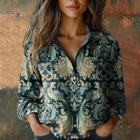 Green Women Shirts, Women Cotton Shirt Printed Fashion Button Down ...