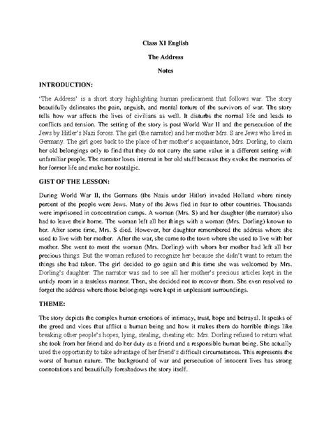 The Address Notes: Class XI English Study Guide and Summary - Studocu
