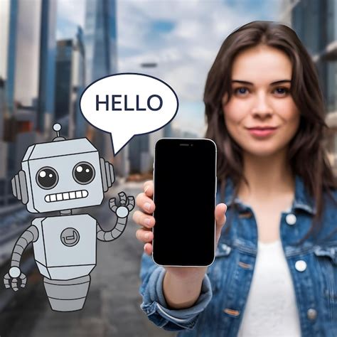 Happy young woman presenting smartphone screen with open hand gesture ...