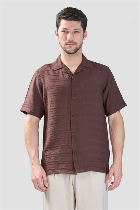 XKIND BROWN HORIZONTAL PLEATED STRIPES RELAXED FIT SHIRT