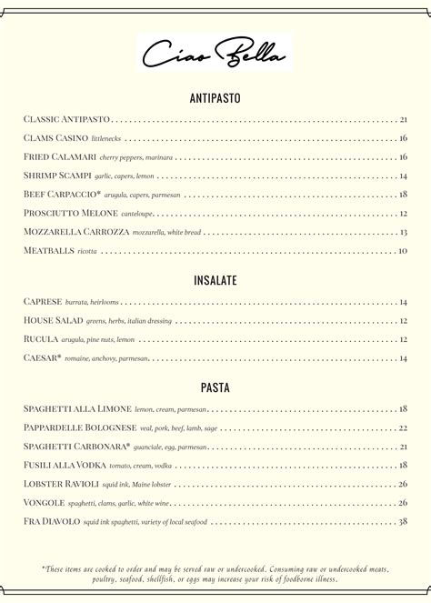 Check out the menu for Ciao Bella, the North End's newest Italian ...