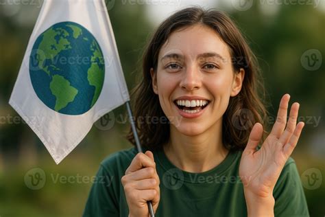 Young Earth Advocate Smiling and Waving Outdoors with a Planet Earth ...