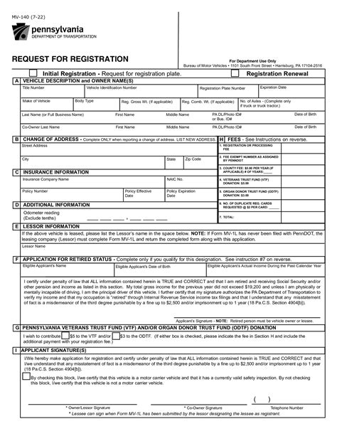 Pennsylvania Vehicle Registration Renewal, MV-140 Form — PDFliner