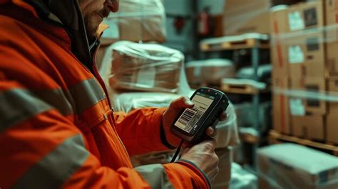 A courier scans a barcode on a package with a handheld device in a busy ...
