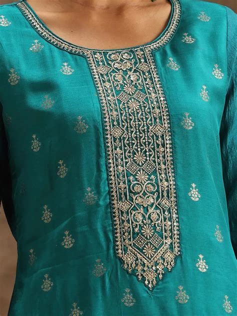 Buy Green Self Design Silk Straight Kurta With Trousers & Dupatta ...
