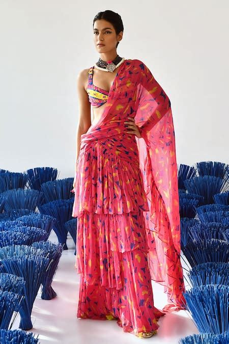 Buy Pink Chiffon, Modal Gulabo Pre-stitched Saree With Running Blouse ...