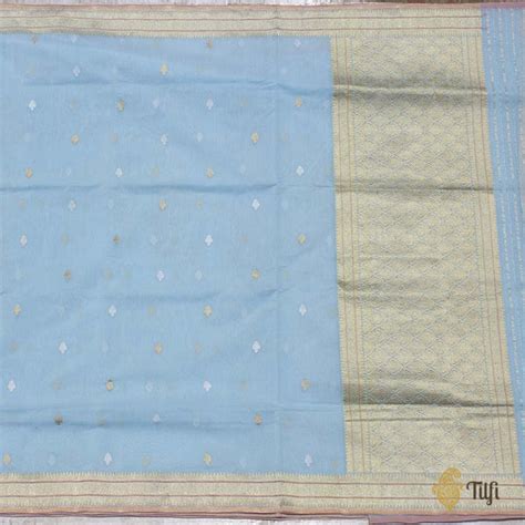 Light Blue Pure Kora Silk by Cotton Banarasi Handloom Saree - Tilfi