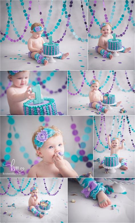 Teal and Purple 1st Birthday Cake Smash - Zionsville, IN Child Photographer · KristeenMarie Photography