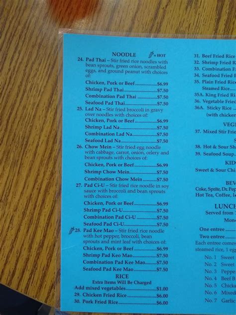 Menu at Thai Country Cafe, Sunray