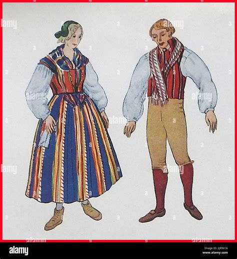 A vintage colour illustration showing traditional national costumes in ...