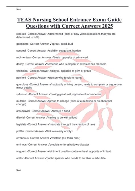 TEAS Nursing School Entrance Exam Guide Questions with Correct Answers ...
