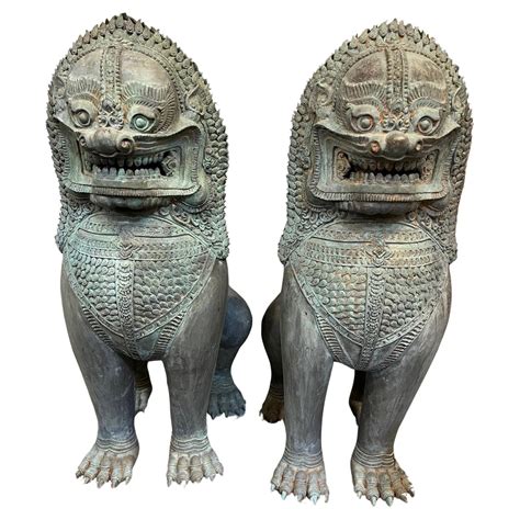 Impressive Pair of Patinated Bronze Chinese Foo Dogs or Tibetan Snow ...