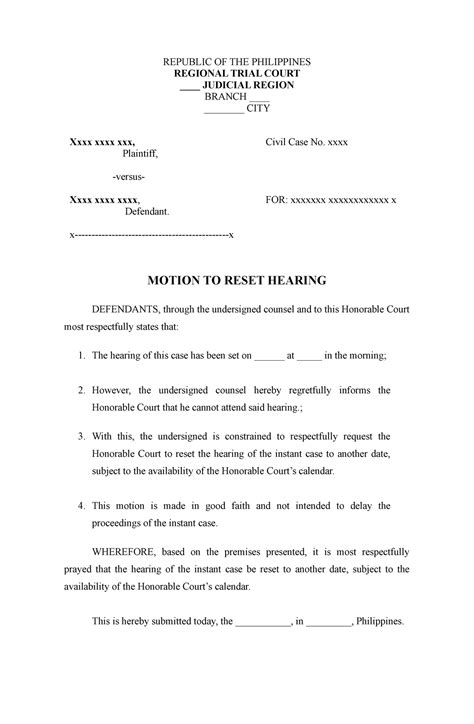 61828931 Example of Motion to Reset Hearing - REPUBLIC OF THE ...