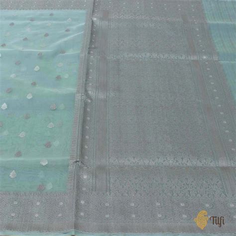 Light Powder Blue Pure Kora Silk Handloom Banarasi Saree - Tilfi