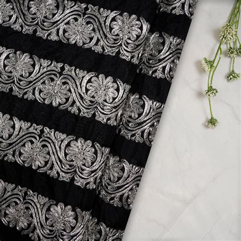 Buy (Pre-Cut 3.80 Mtr) Black Color Embroidered Polyester Fabric 20578 ...
