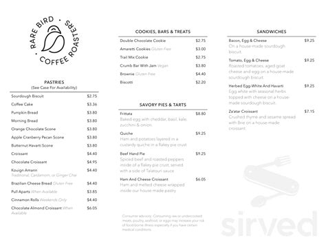 Menu - Falls Church VA's Rare Bird Coffee Roasters | Sirved