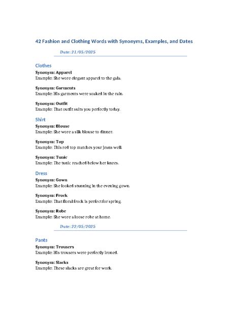42 Fashion & Clothing Terms with Synonyms & Examples - Studocu