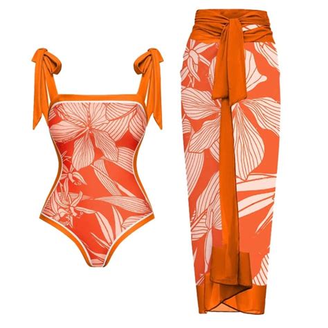 Tangerine Floral Bikini And Sarong Set – Twirl Around World