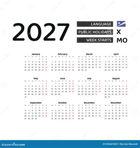 Calendar 2027 English Language with Marshall Islands Public Holidays ...