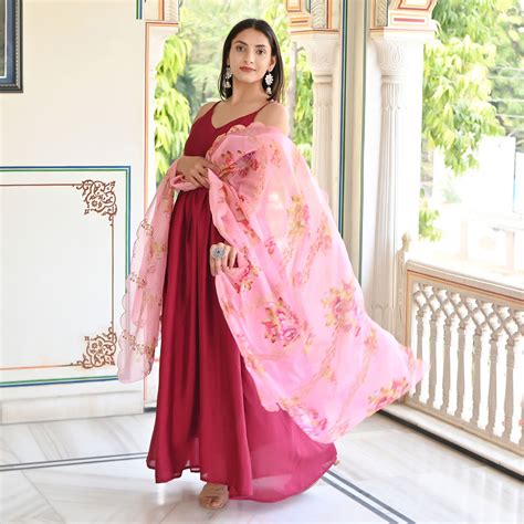 Pink Solid Chiffon Gown With Dupatta