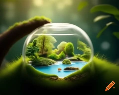 Ecosystem with terrarium, vegetation, and miniature lake on Craiyon